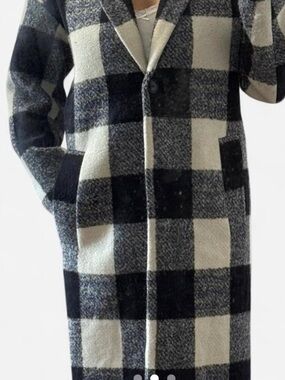 ASOS Navy & White Buffalo Plaid Checked Long Wool Coat